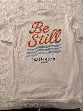 Be Still Psalm 46:10 White Tee with Orange & Blue Graphic